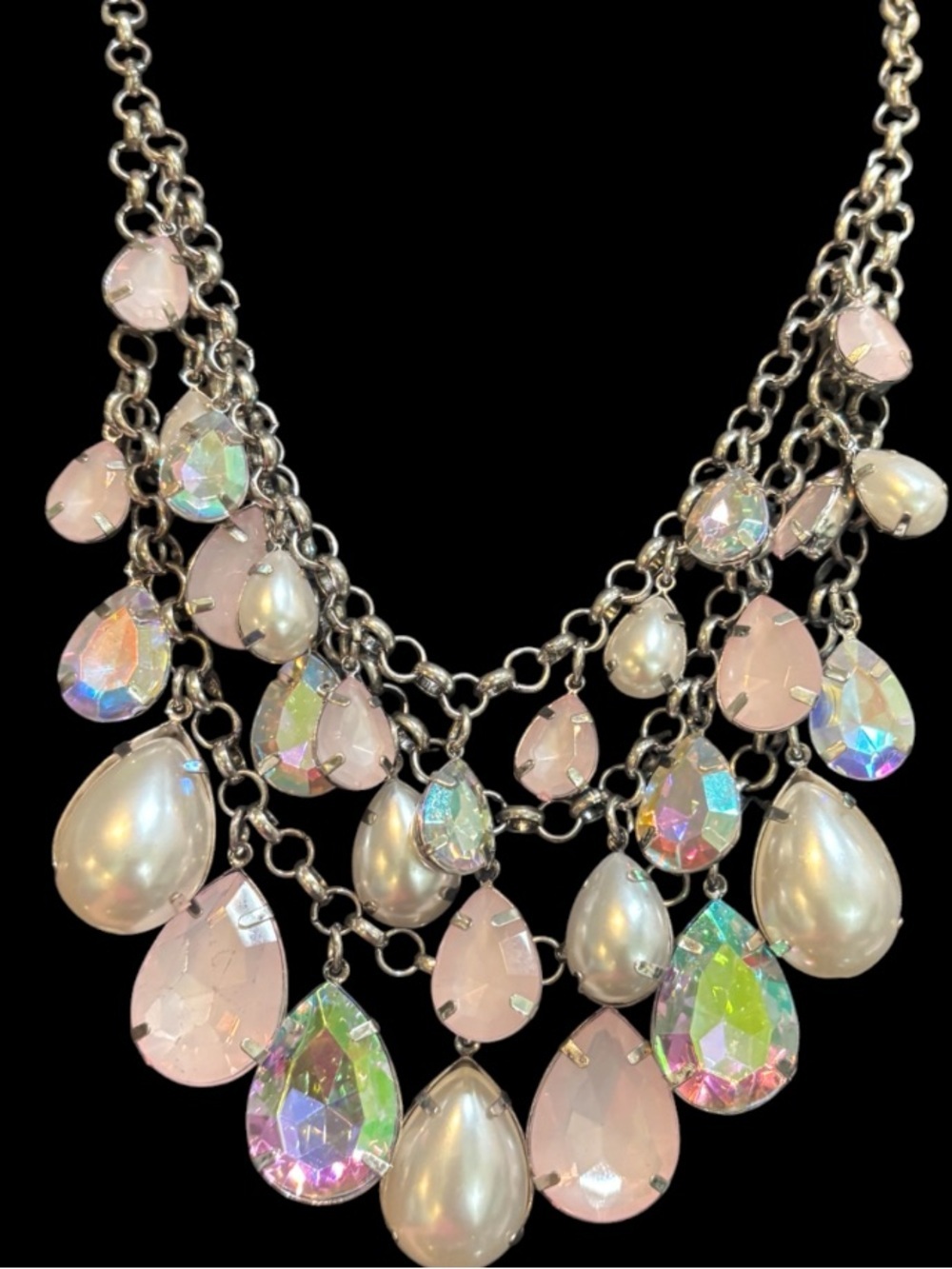Statement Necklace In Pink Opal & AB layered Teardrop Stones NWOT